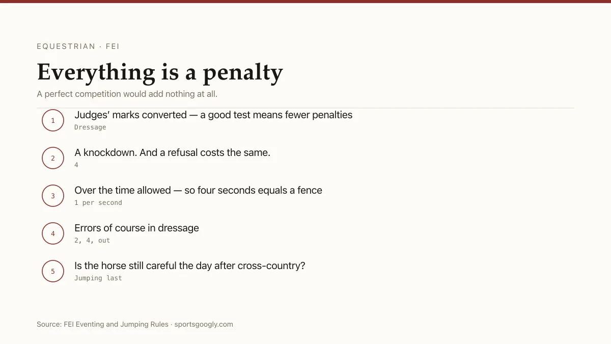 Eventing scoring: dressage converted to penalties, four for a knockdown or refusal, one per second over time, lowest total wins.
