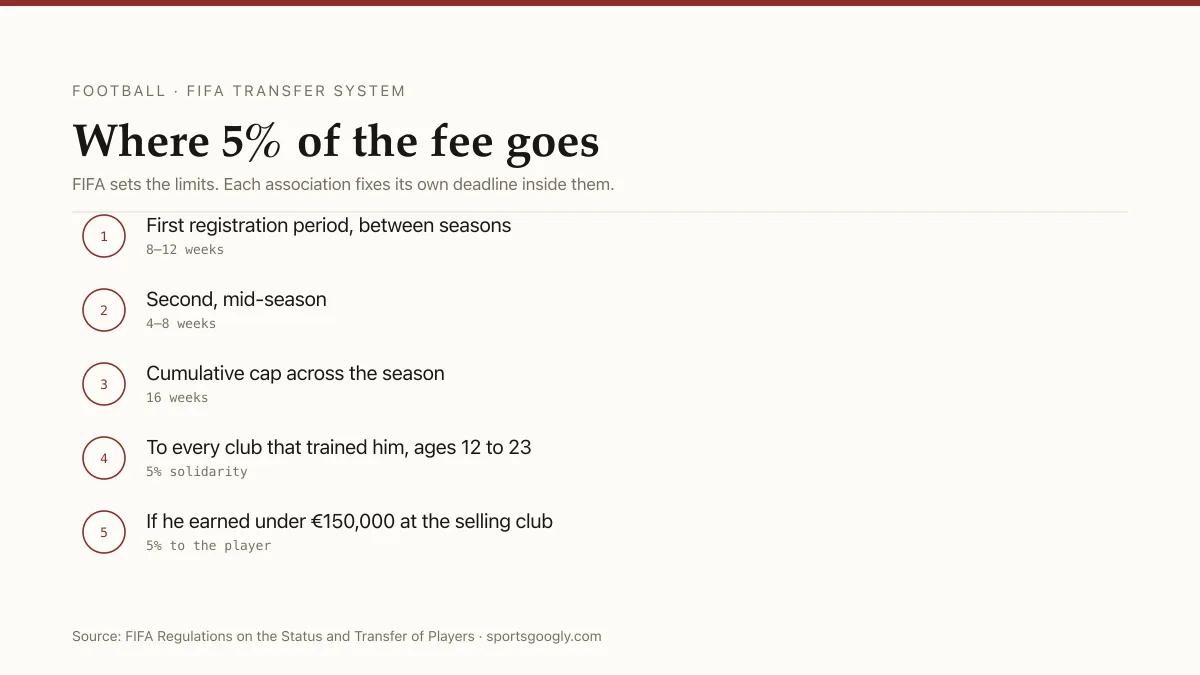 FIFA transfer rules: two windows totalling no more than 16 weeks, and 5% of the fee redistributed to a player's training clubs.