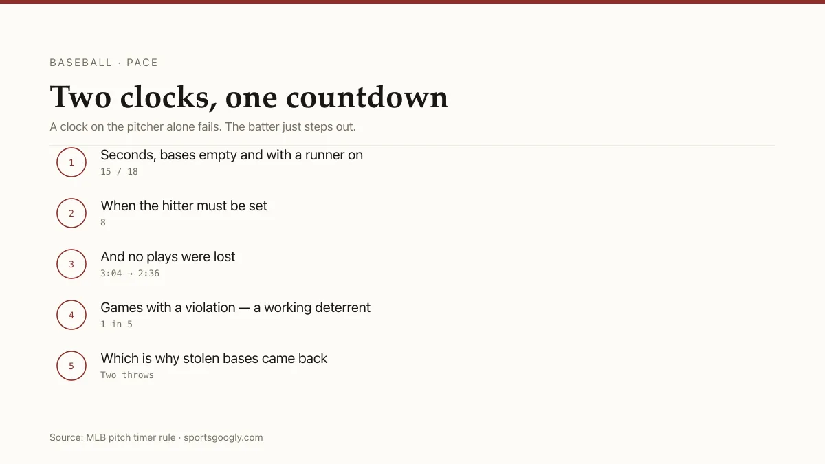 MLB pitch clock: 15 seconds empty, 18 with a runner, batter set at eight, two disengagements.