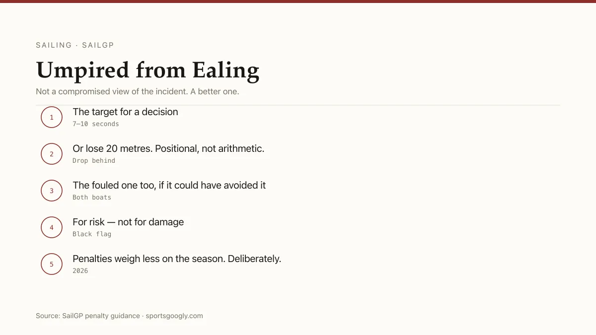 SailGP: remote umpiring from London, decisions in seven to ten seconds, drop behind or 20 metres.