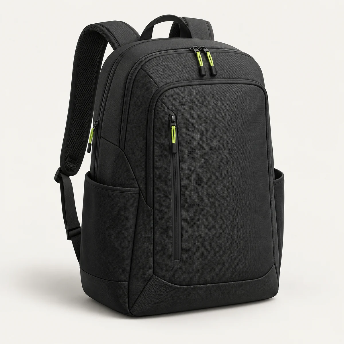 Concept rendering of a charcoal two-strap pickleball backpack with lime zipper pulls; final product may differ.