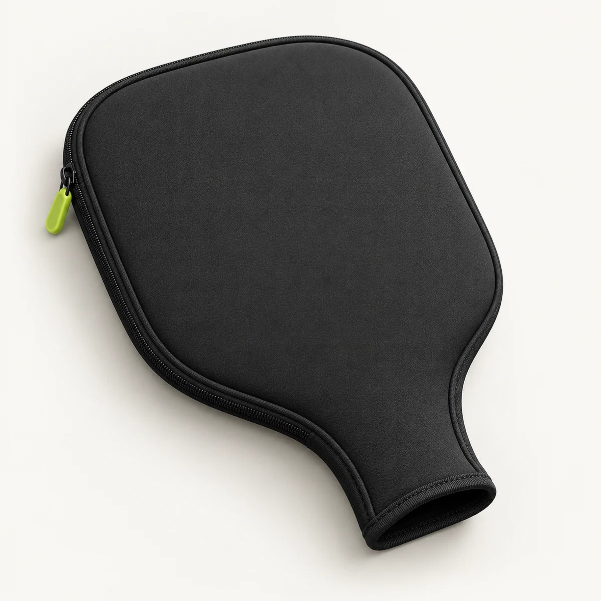 Concept rendering of a black zippered pickleball paddle sleeve with a lime pull; final product may differ.