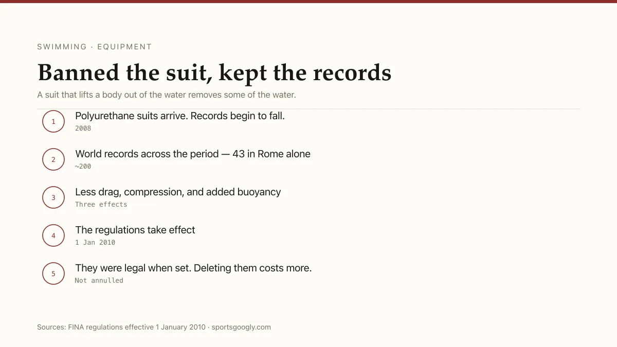 The swimsuit era: polyurethane suits from 2008, around 200 world records, banned from 1 January 2010.