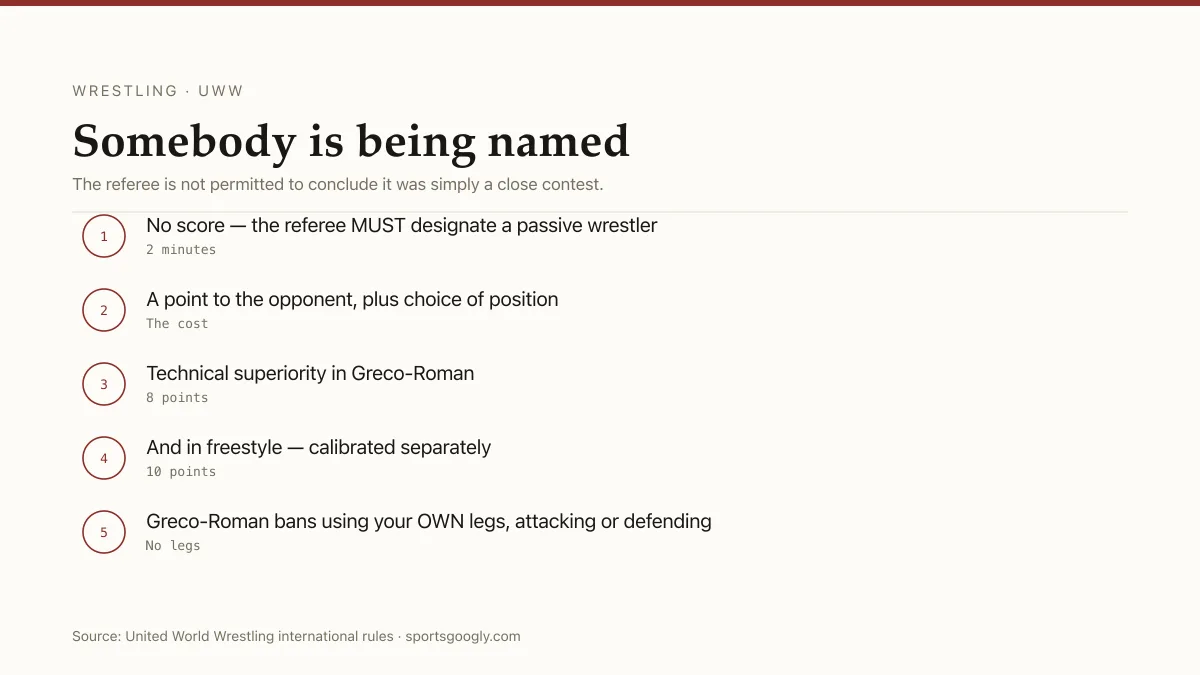 Wrestling: passivity must be called after two minutes, technical superiority at 8 or 10 points, and no legs in Greco-Roman.