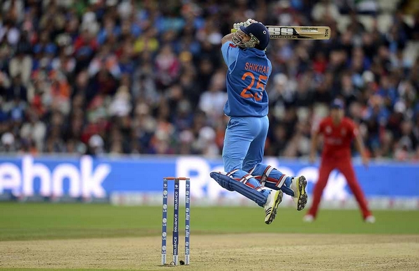 India's Shikhar Dhawan hits